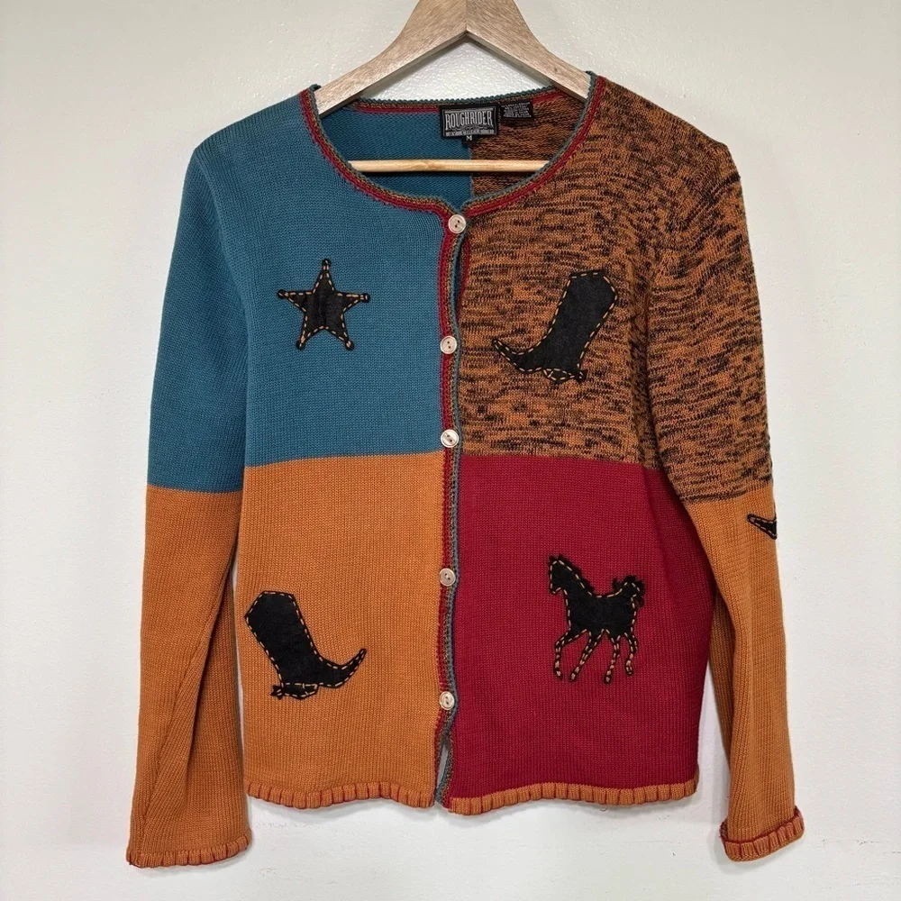 Rough Rider by Circle T Color Block Western Cardigan Sweater Size L Size M